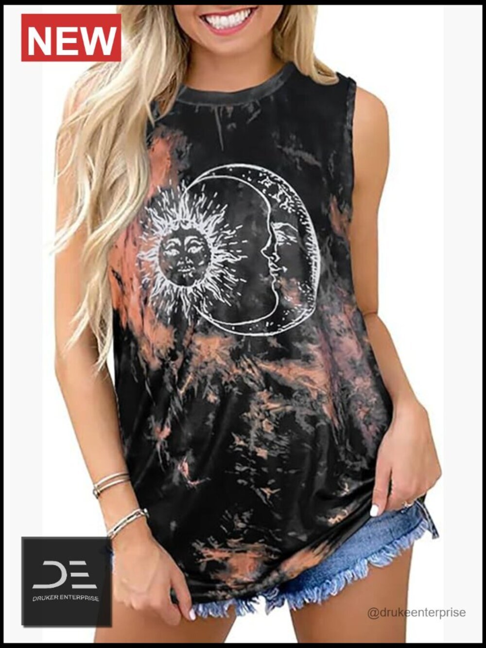 Sleeveless Loose Fit Tank Top with Moon Print